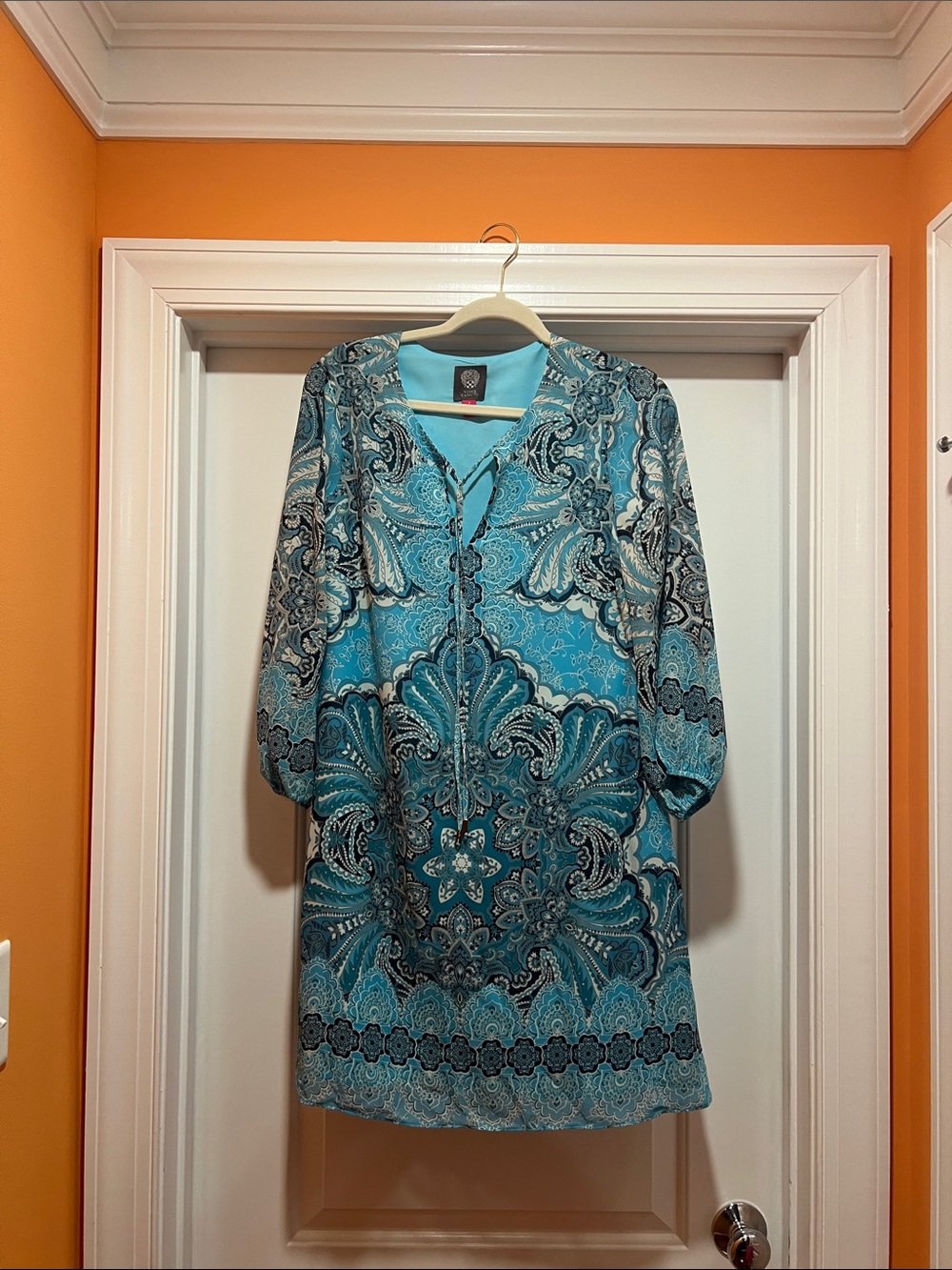 Vince Camuto Turquoise Paisley Long-Sleeve Tunic Dress